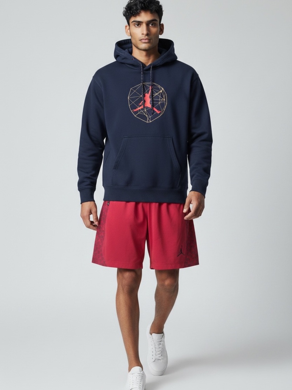 Jordan Red Basketball Shorts with Black Graphic Hoodie